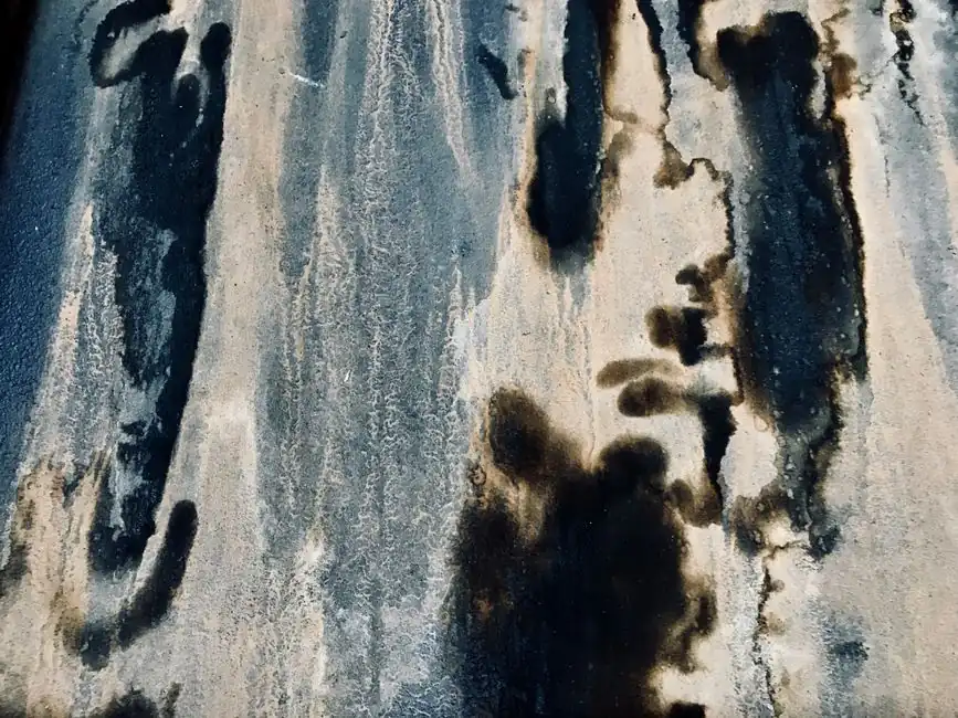 Dark mildew staining spreading across a wall surface where water has been getting in over a long period