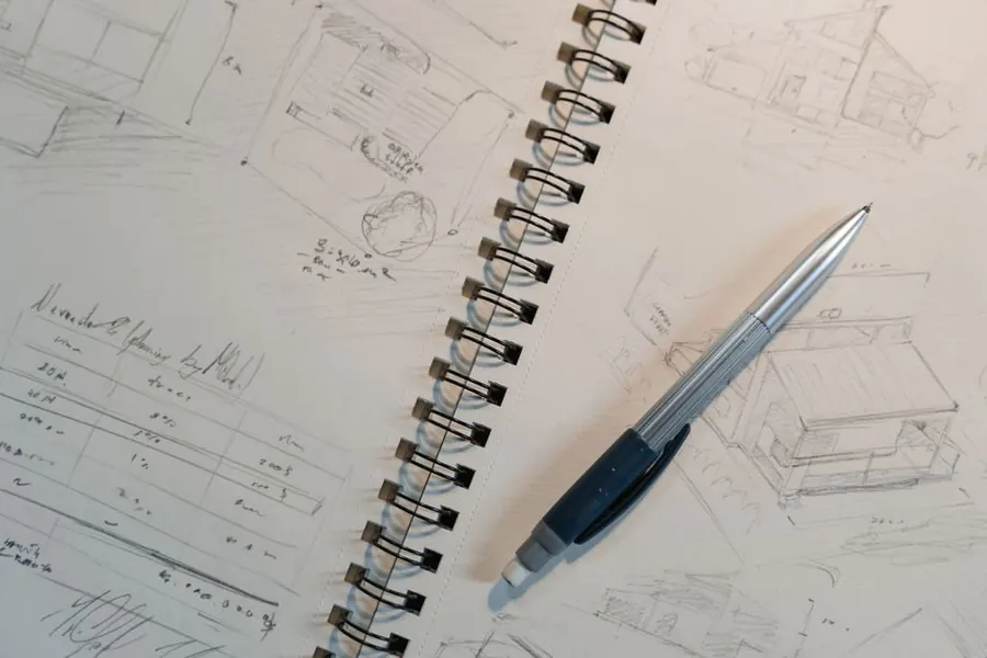 Drawings and notes laid out while the sequence of an extension flat roof project is planned