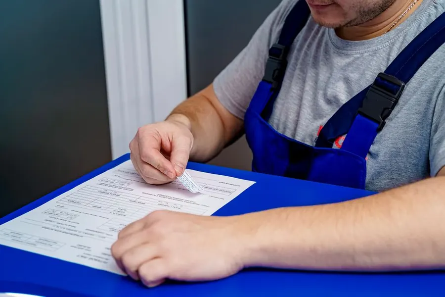 A tradesperson signing roofing paperwork, the guarantee documentation that should come with a flat roof coating