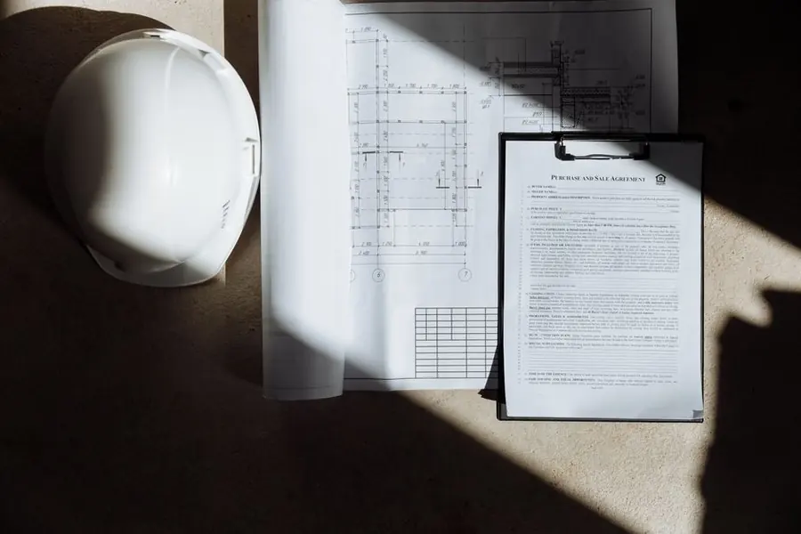 Construction paperwork and a hard hat laid out while a flat roof repair and replacement are priced side by side