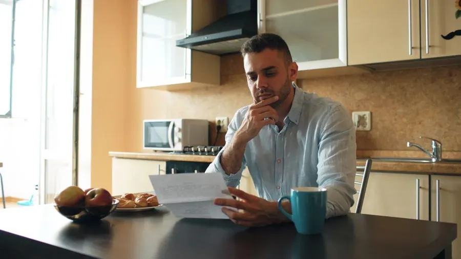 A man at a kitchen table reading through a written flat roof quote for his Burnham-on-Sea home