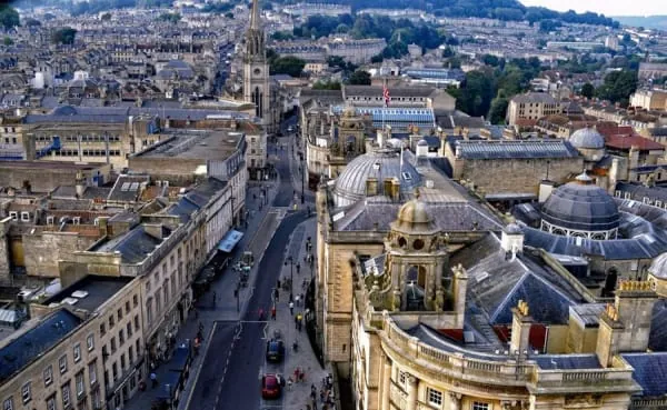 Bath's rooftops and spires seen from high above, the panorama the Skyline walk circles