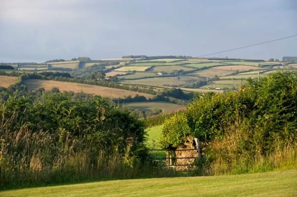 A gateway opening onto green rolling hills, the kind of outlook the slopes above Bleadon reward walkers with