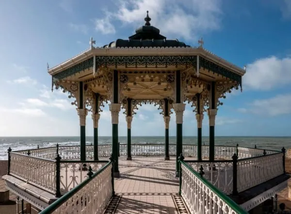 An ornate bandstand on a seaside promenade, the kind of Victorian seafront furniture Burnham's esplanade wears