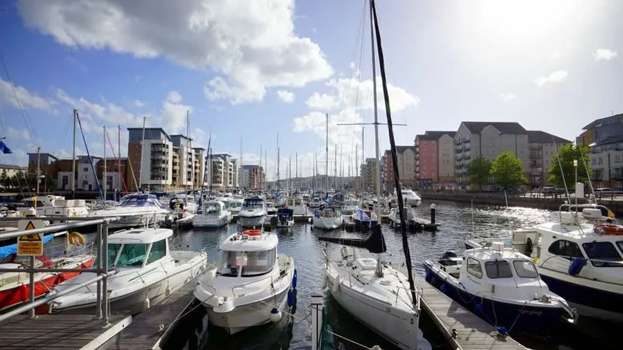 Modern waterfront apartment buildings around a marina, the regenerated dockside quarter of Portishead